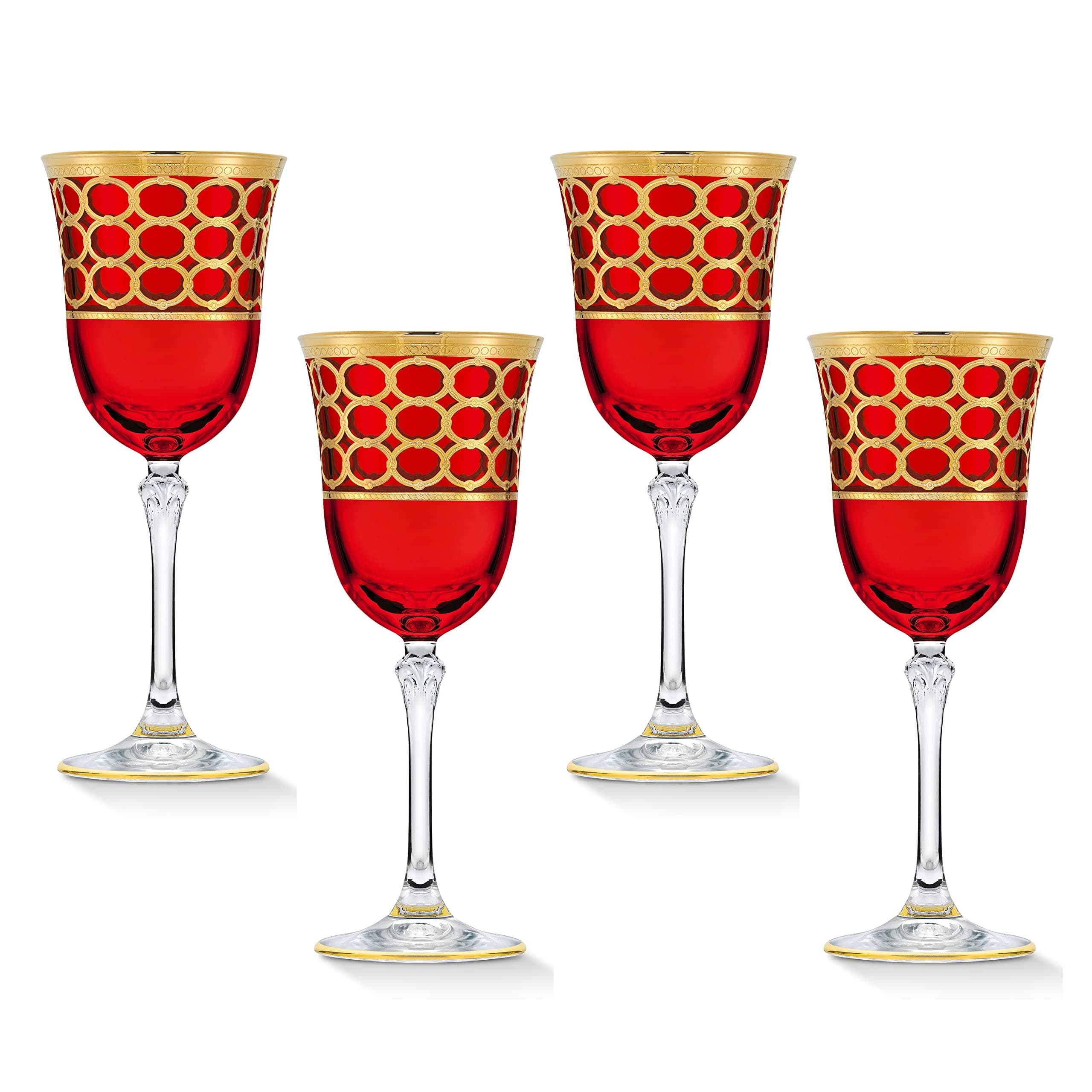 Lorren Home Deep Red White Wine Goblet with Gold Rings, Set of 4