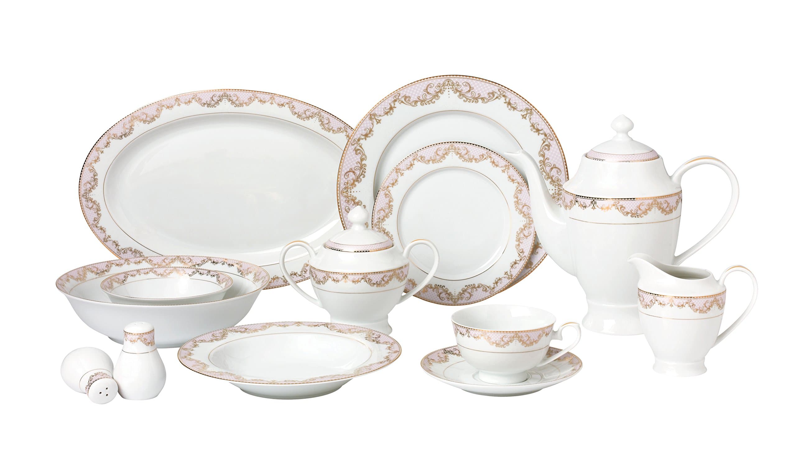 Lorren Home Trends 57 Piece 'Beauty' Bone China Dinnerware Set for 8 People, Pink