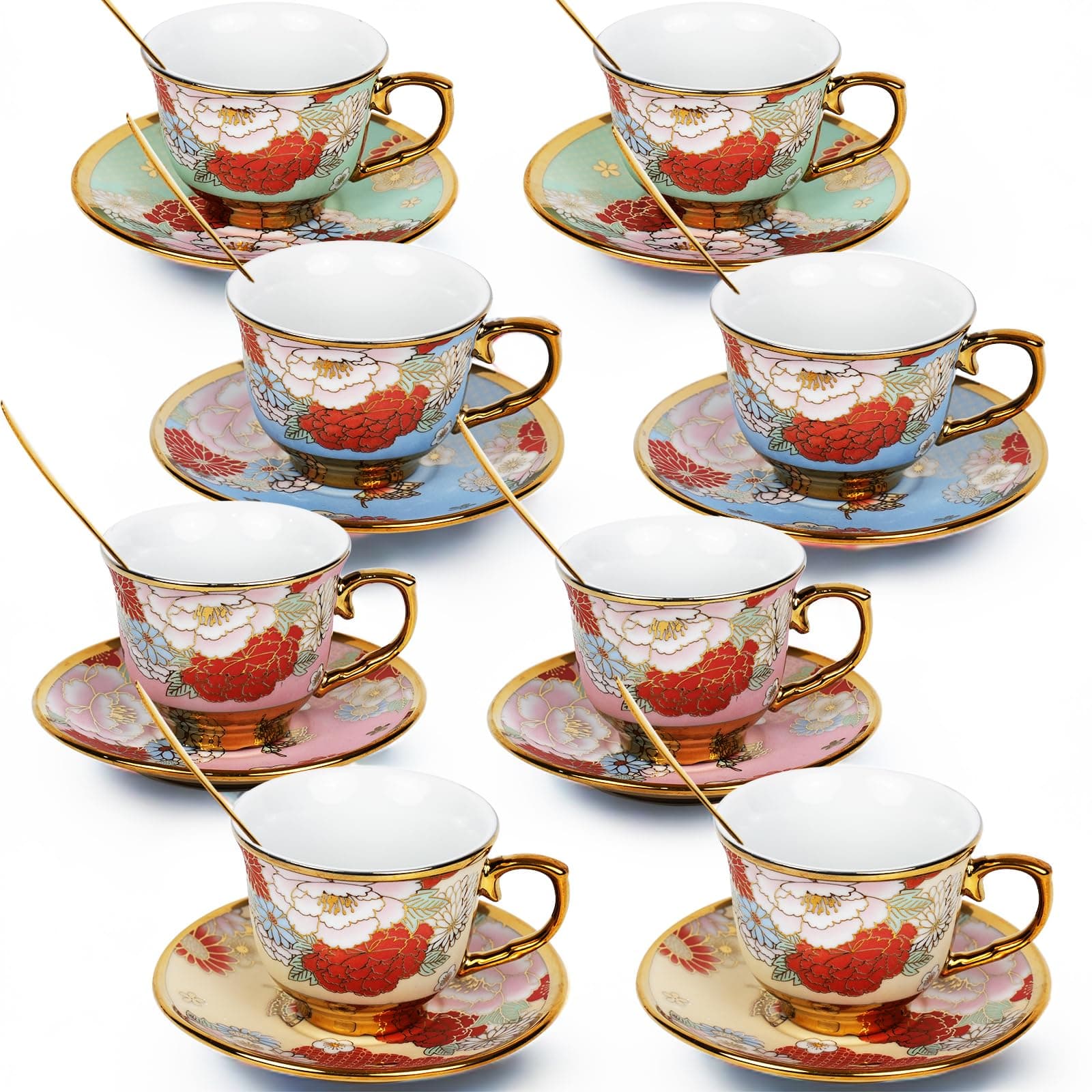 Set of 8 Vintage Floral Tea Cups with Saucers and Gold Spoons for Afternoon Tea
